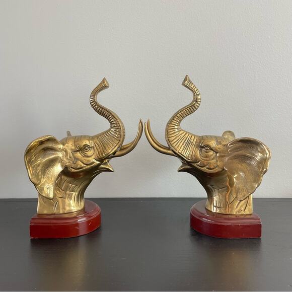 Vintage | Gold Brass Elephant Head & Wood Base Book Ends Pair Set Animal Design - Picture 2 of 7